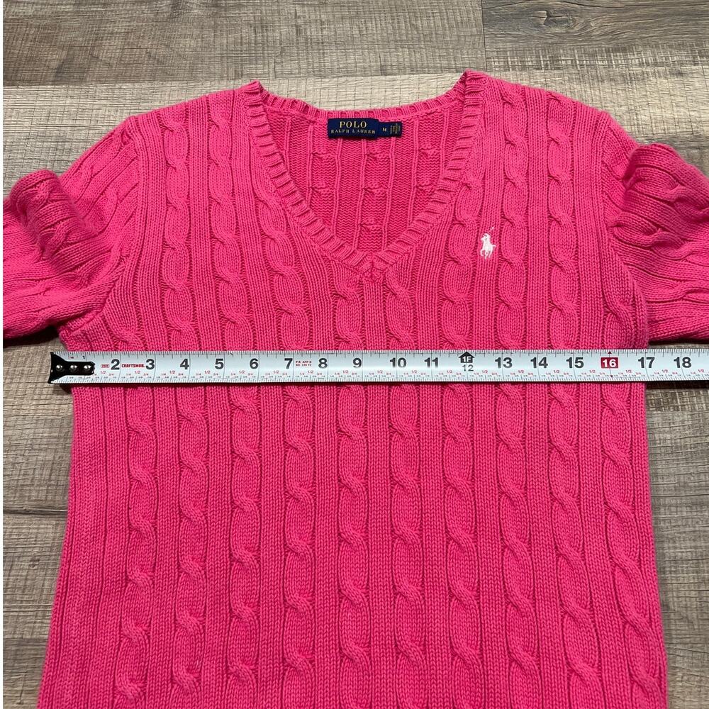 Polo Ralph Lauren Womens Size Medium Pink Cotton Cable Neck V Neck Sweater - Picture 7 of 7